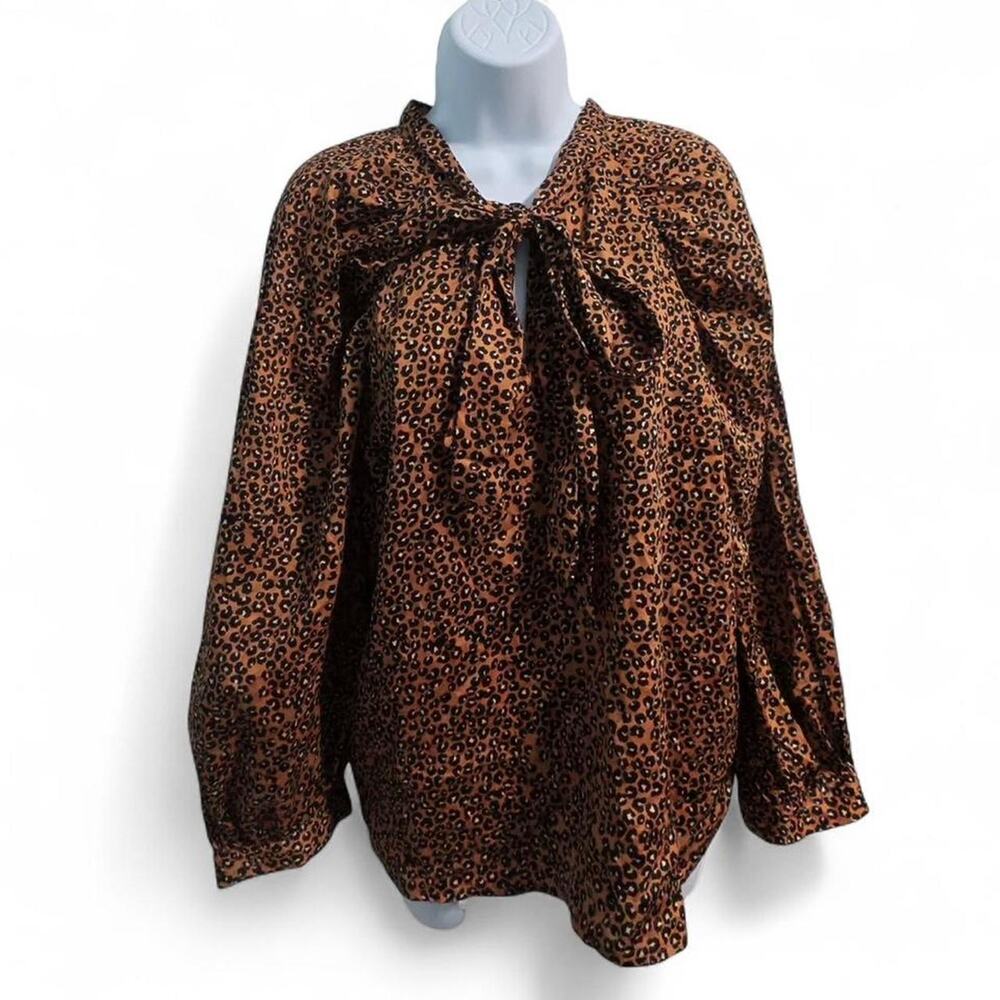 Who What Wear Leopard Print Tie Neck Long Sleeve Blouse Size XXL NWT
